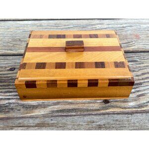 Vintage 1960s Parquet Marquetry Lidded Wood Box MCM
